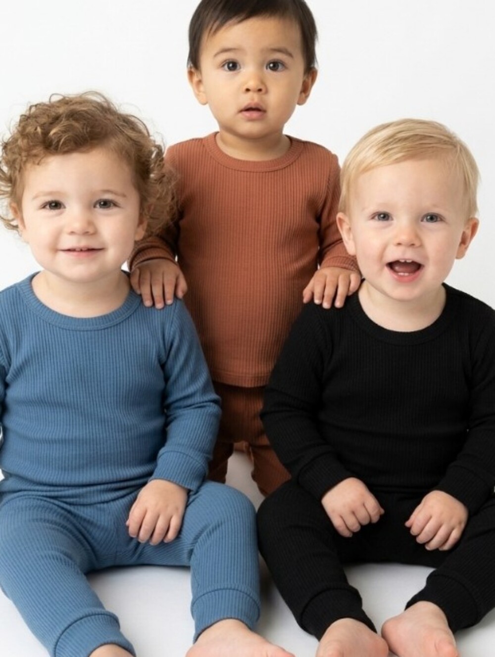 Kids Ribbed Long Sleeve Top & Legging Set - Black, Blue & Brown